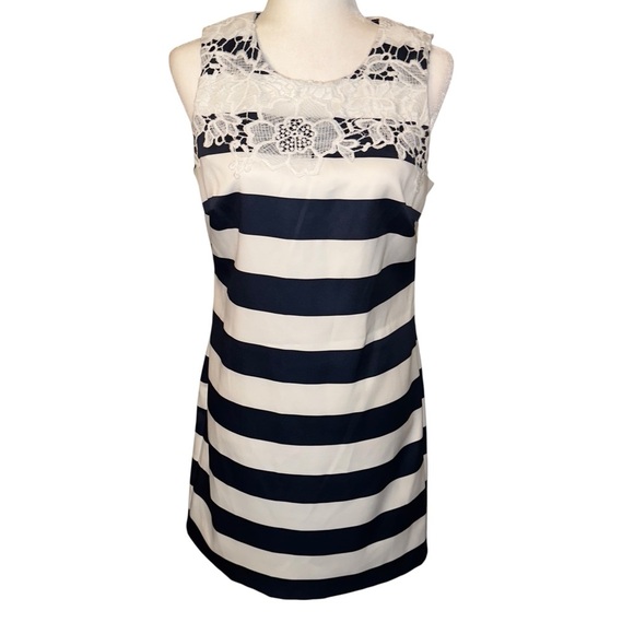 Madison Leigh Navy Blue Striped Preppy Nautical Yacht Lace Shift Dress - Picture 1 of 10